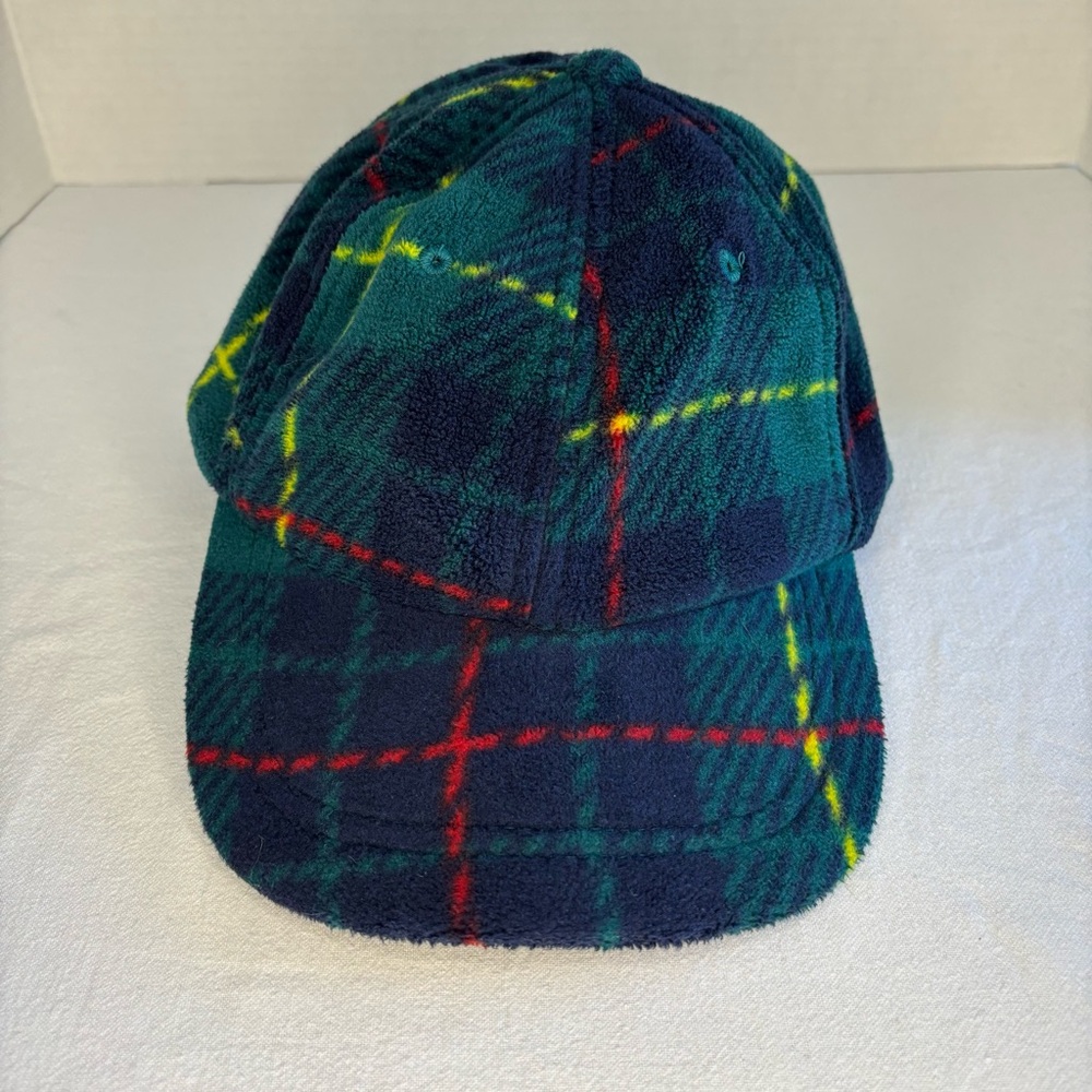 London Fog Hat Baseball Cap Green Plaid Fleece. Golfcore. Preppy. Soft. Cozy.